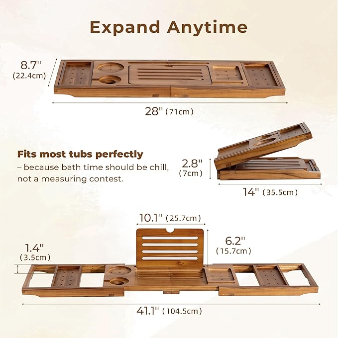 Teak Bathtub Tray Expandable Bathroom Tray for Home Spa Relaxation, Wooden Tray Caddy for Bathtub, Teak Bathtub Caddy as Unique Housewarming, Birthday, Wedding Shower Gifts (Light Walnut)