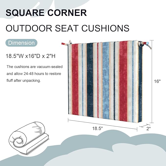 Set of 4 Outdoor Square Chair Cushions 18.5"x16"x2" for Patio, Water Resistant Patio Dining Seat Pads Replacement for Kitchen Garden and Outdoor Furniture Decoration - Stripe Red Blue