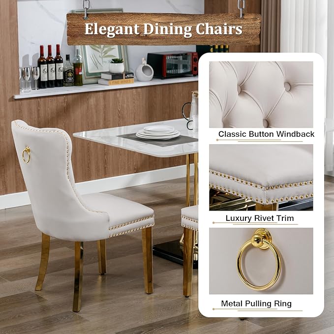 Goujxcy Glass Dining Table Set for 6, Modern Kitchen Table and Chairs Set of 6, 7-Piece Kitchen Dining Room Table Set w/51 Glass Gold Dining Table and 6 Beige Velvet Upholstered Chairs