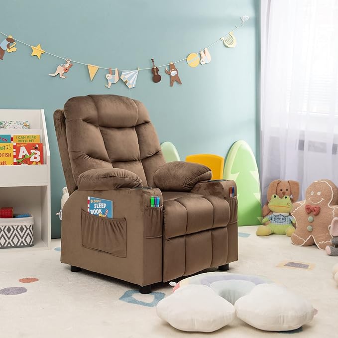 Costzon Kids Recliner Chair with Cup Holder, Adjustable Velvet Lounge Chair w/Footrest & Side Pockets for Children Boys Girls Room, Ergonomic Toddler Furniture Sofa, Kids Recliner (Brown)