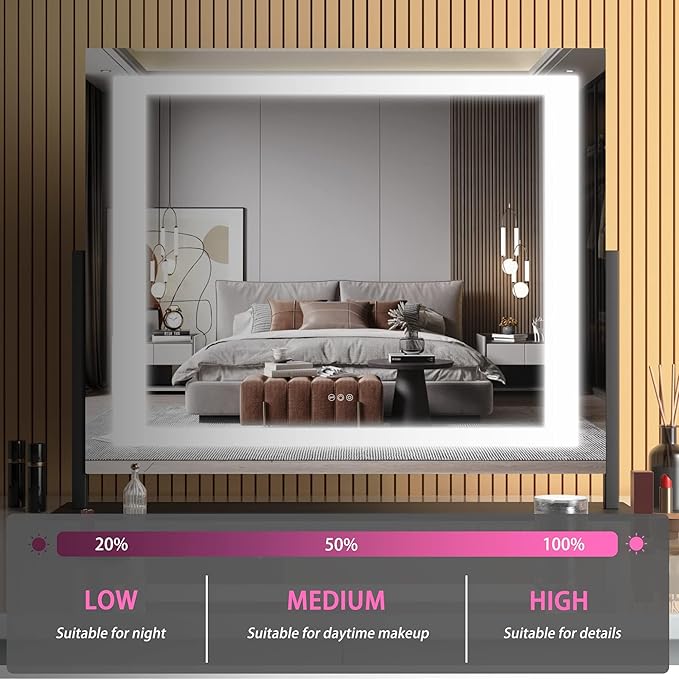 Hasipu Vanity Mirror with Lights, 24.2" x 19.7" LED Makeup Mirror, Light up Mirror with 10X Magnification and USB, Phone Holder, Smart Touch 3 Colors Dimmable, 360° Rotation (Right Angle Black)