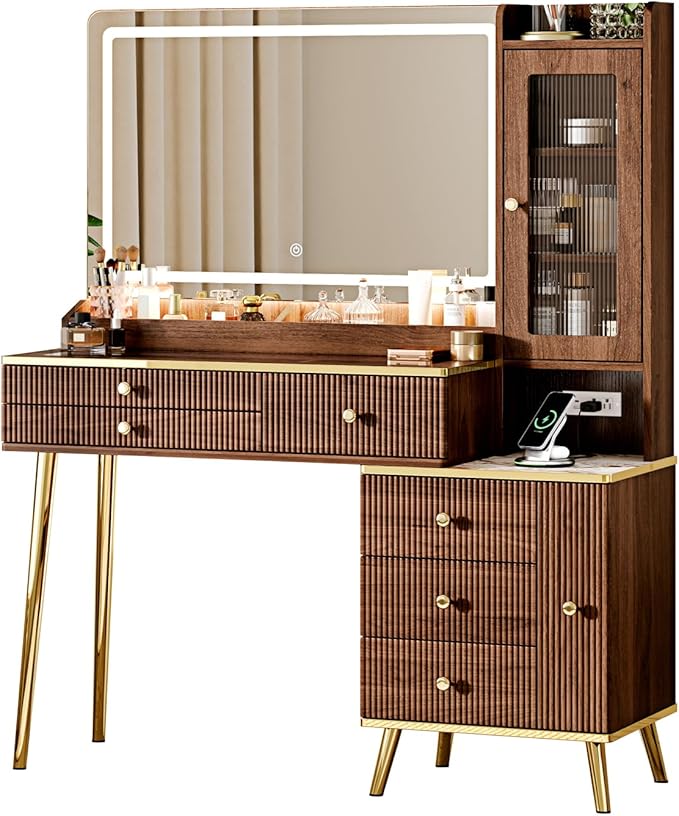 Vanity Desk with 35.12" HD Lighted Mirror, 46.85" Big Modern Vanity Desk with Mirror and Lights, Makeup Vanity with 7 Drawers and Storage Shelves and Charging Station, Walnut