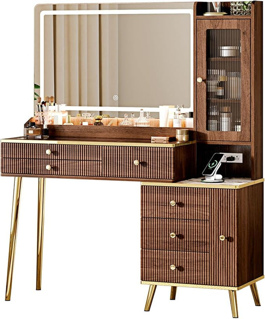 Vanity Desk with 35.12" HD Lighted Mirror, 46.85" Big Modern Vanity Desk with Mirror and Lights, Makeup Vanity with 7 Drawers and Storage Shelves and Charging Station, Walnut