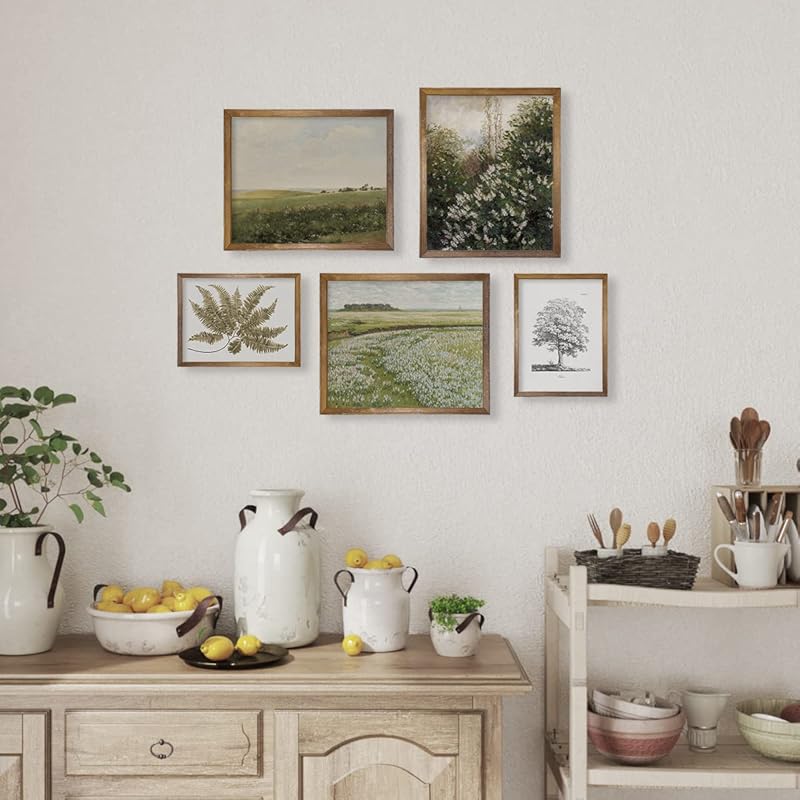 Vintage Farmhouse Wall Decor - Nature Plant Neutral Wall Art for Boho French Country Kitchen Bathroom Bedroom Picture Poster Print, Sage Green Room Decor Aesthetic Botanical Cottagecore 5 Set Unframed