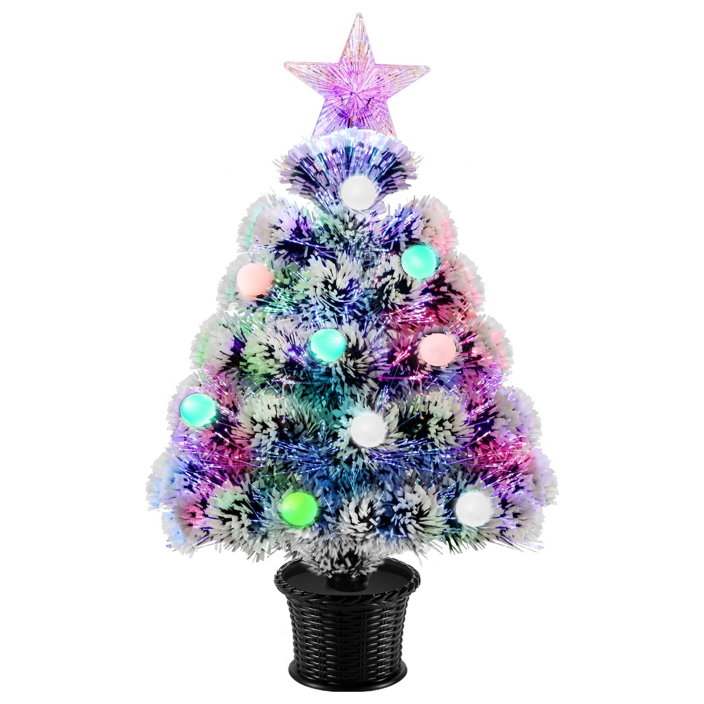 22inch Small Mini Fiber Optic Christmas Tree,Pre-lit Tabletop Artificial Xmas Trees with Balls,RGB Lights,Treetop, Battery/USB Powered White Tiny Fake Xmas Tree Decorations for Desktop,Holiday