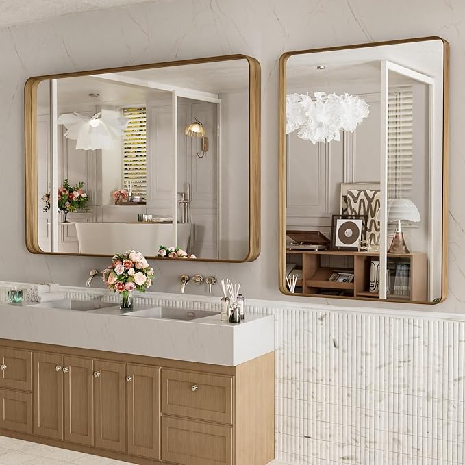 LOAAO 48X30 Inch Bathroom Mirror with Wood Grain Colored Metal Frame, Rounded Rectangle Metal Framed Bathroom Mirror, Anti-Rust, Hangs Horizontally or Vertically, Tempered Glass