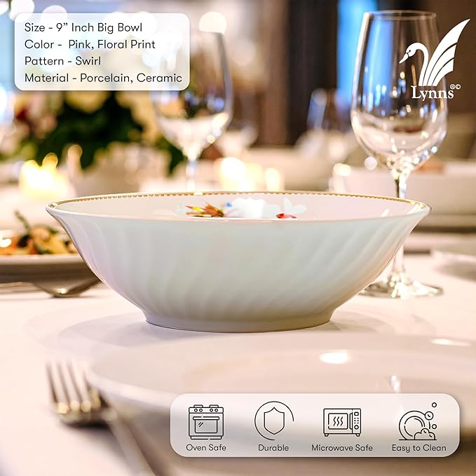 Lynns Paradise Timeless Rose 9-Inch Big Bowl, Set of 3, Pink; 24K Gold Trim, Embossed Swirl, Colorful Floral Print, Porcelain