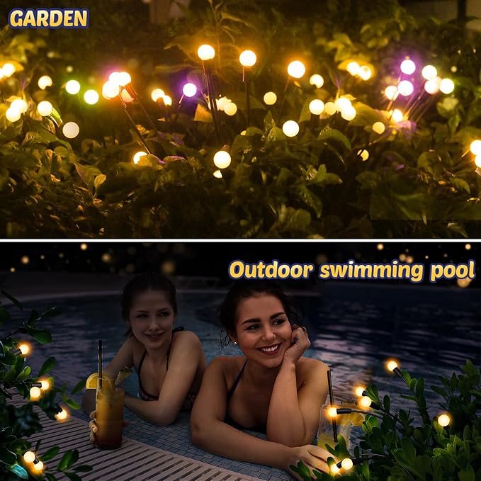 Solar Firefly Lights 2 Pack 16 LED Lights 2 Lighting Modes for Garden, Patio and Yard Solar-Powered LED Lights (Warm White)