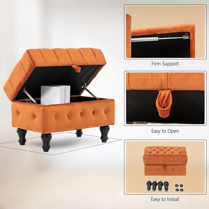 Artechworks Rectangular Storage Coffee Table Ottoman,Button Tufted Velet Upholstery Footstool Bedroom Ottoman for Living Room, Home Office, Space-Saving Storage Toy Box Stool, Caramel