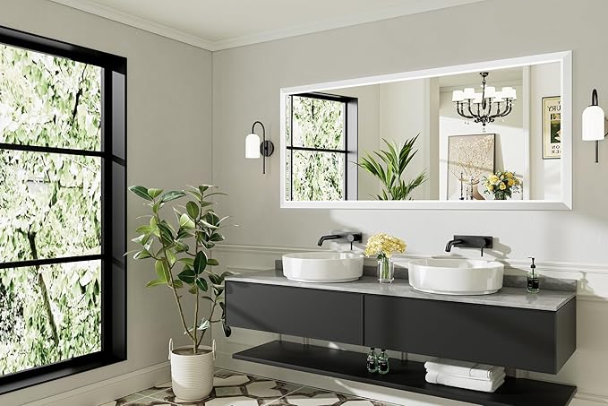 72x32 Inch White Bathroom Mirror for Wall, Thick Metal Framed Rectangle Mirrors for Over Sink, Bedroom, Living Room, Entryway, Anti-Rust, HD Tempered Glass