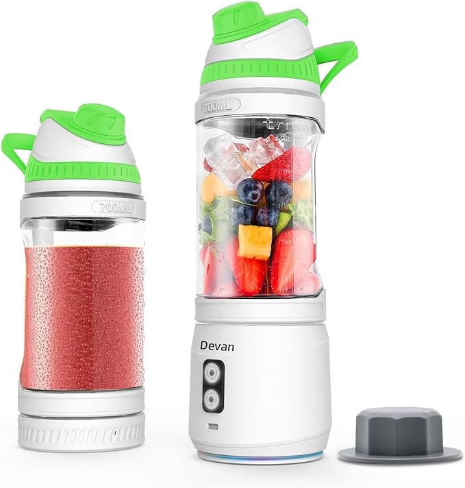 Portable Blender, Anti-Jamming 300 Watt for Shakes and Smoothies, 24oz Travel Blender USB Rechargeable, BPA Free Sporty bottle with a Travel Lid. (Black Base Grey Lid) (White Base Green Lid)