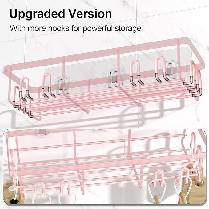 2025 New Adhesive Shower Caddy, Shower Shelves with 16 Hooks, Pink 2 Pack