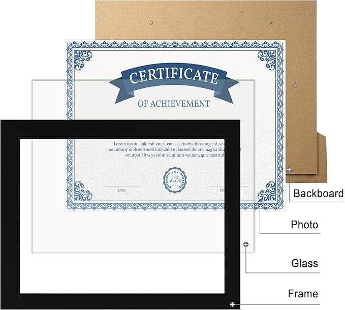 8.5x11 Picture Frame Set of 4, Black Certificate Frame with Real Glass, Photo Frames 8.5 by 11 Diploma Document for Wall Hanging and Tabletop Display