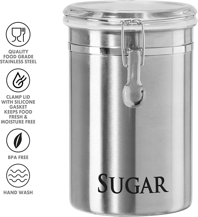 Oggi Stainless Steel Sugar Canister 62 fl oz - Airtight Clamp Lid, Clear See-Thru Top - Ideal Sugar Container for Countertop, Sugar Jar, Bulk Sugar Storage. Large Size 5" x 7.5".