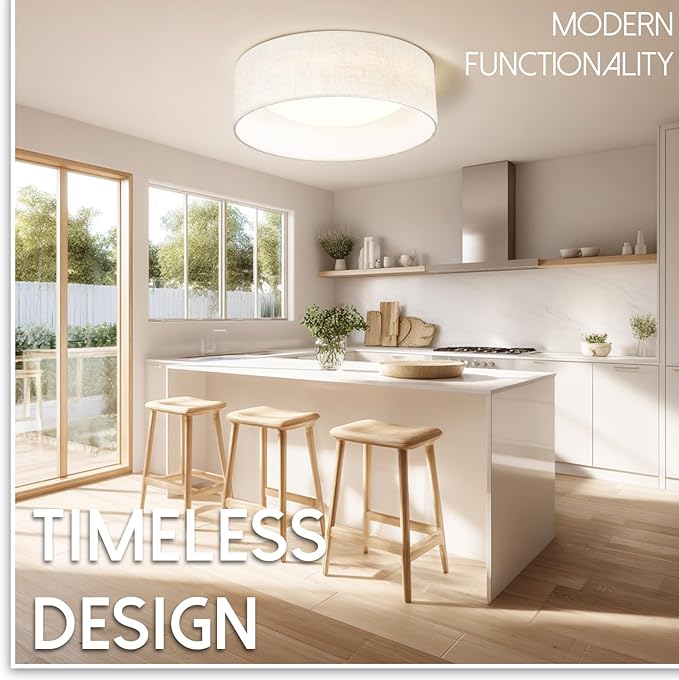 Hamilyeah LED Flush Mount Ceiling Light with Fabric Shade, 12 inch Kitchen Lighting Fixture Ceiling Mount 5CCT, Dimmable Beige Linen Ceiling Lighting Fixture 24W for Bedroom,Living Room, Kitchen