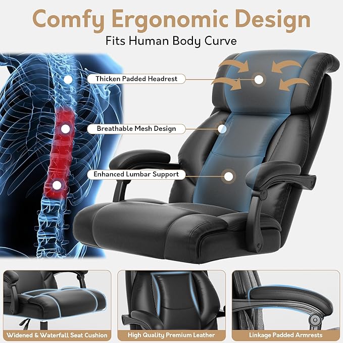 Reclining Office Chair,Recling 90-155°,Ergonomic Office Chair with Lumbar Suppot,Big and Tall Leather Desk Chair,High Back Executive Chair(Black)