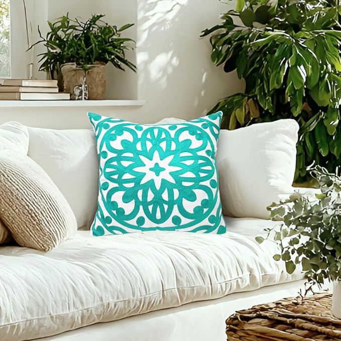 Alysheer Floral Embroidered Fall Decorative Throw Pillow Cover 18"x 18" Set of 2, Boho Mandala Embroidery Turquoise Green Patterned Cushion Case for Sofa Couch Living Room Bedroom Outdoor