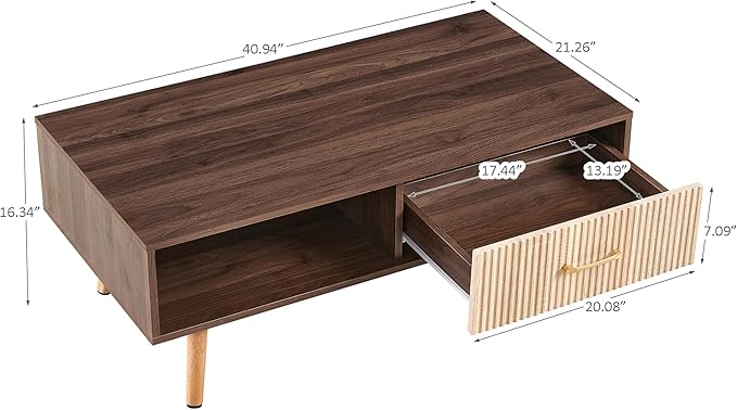 Mid Century Wooden Coffee Table with Stripe Drawer，Modern 41" Large Center Table with Storage，Rectangular Walnut Wood Coffee Tables for Living Room, 2-Tier Cocktail Table, Solid Wood Legs
