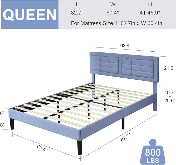 VECELO Queen Size Bed Frame with Adjustable Headboard, Upholstered Button Tufted Platform Bedframe with Wood Slats Support, No Box Spring Needed, Light Blue