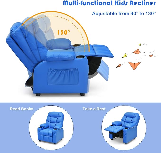 Kids Recliner, Kids Recliner Chair w/ 2 Cup Holders, PU Leather Kids Chairs Compy w/Adjustable Backrest & 3 Pockets, Toddler Furniture Sofa for Boys Girls Aged 3+ (Blue)