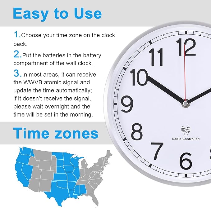 Atomic Analog Wall Clock, 10Inch Radio Controlled Sets Automatically Wall Clock, Decorative for Living Room Office School