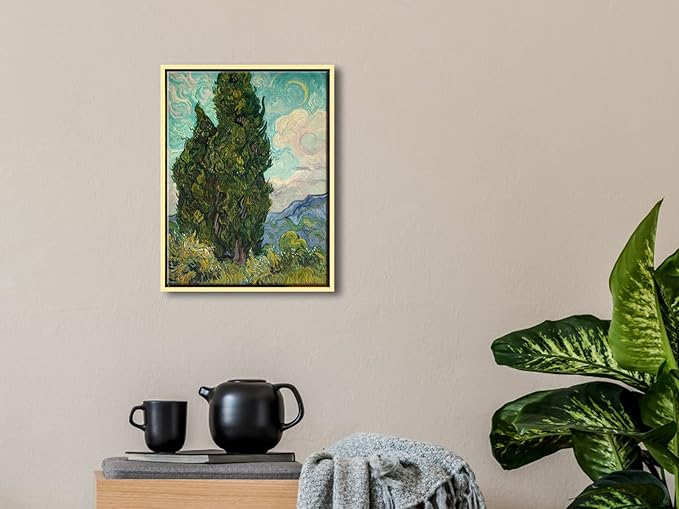 Wieco Art Framed Wall Art Cypresses Classic Giclee Canvas Prints by Van Gogh Famous Oil Paintings Green Tree Picture for Home Decorations Modern Abstract Forest Landscape Artwork
