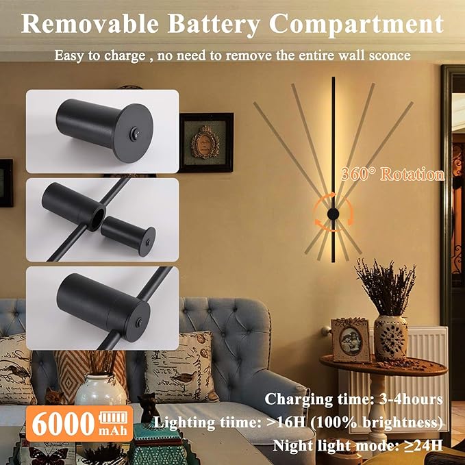 Battery Operated Wall Sconces Set of 2, Rechargeable 6000mAh Wireless Lights with Remote, 360° Rotation Dimmable 3000K-6000K, No Wiring Indoor Lamps for Bedroom Hallway Stairs 40 Inch Black