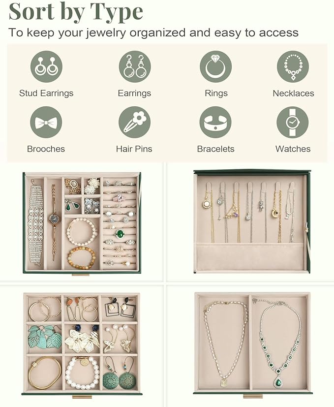 Amearea Jewelry Box Organizer for Women Girls with Mirror, 3-Layer Large Jewelry Storage Case, Synthetic Leather Jewelry Holder Organizer with Removable Tray for Necklaces Earrings Rings, Green