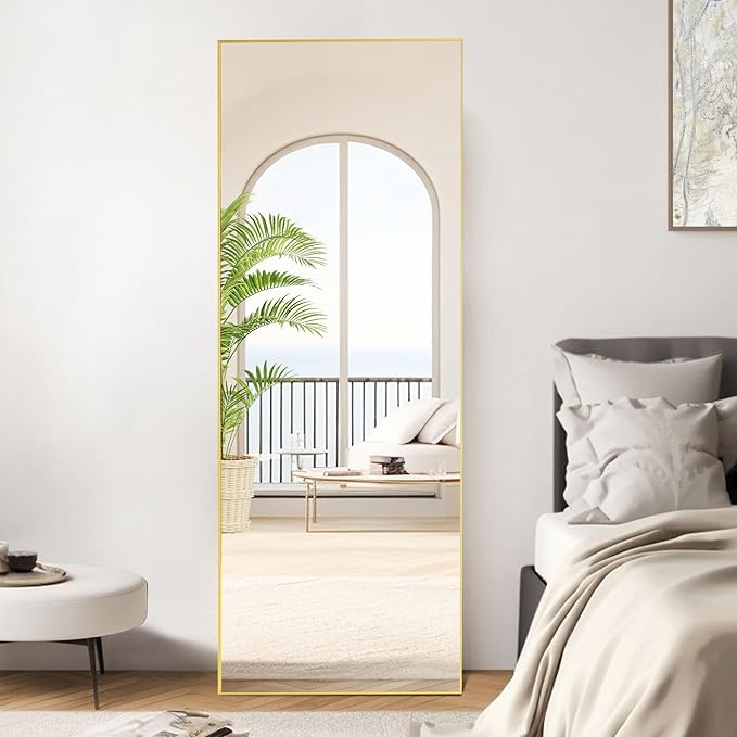 OLIXIS Full Length Mirror 64"x21" for Bedroom, Full Body Mirror with Stand, Hanging or Leaning for Wall, Aluminum Alloy Thin Frame Floor Standing for Living Room, Long, Gold