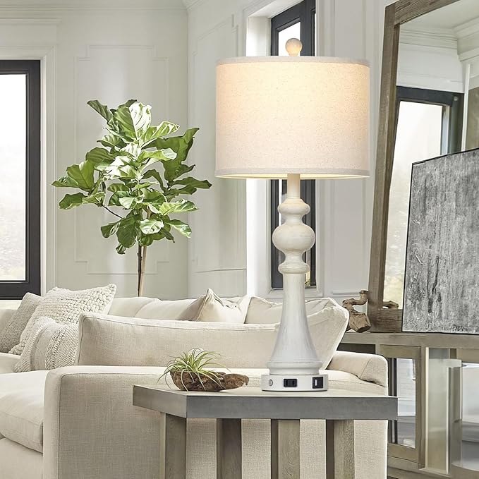 28" Farmhouse Lamps Set of 2, Vintage 3-Way Dimmable Touch Control Table Lamps with USB A+C Fast Ports & AC Outlets, Rustic Traditional Classic Bedside Nightstand Lamps for Living Room Bedroom White