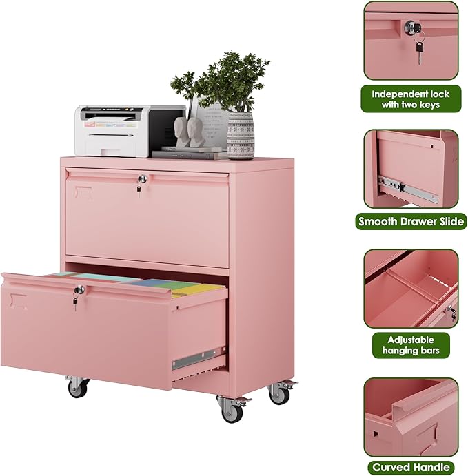 Aobabo 2 Drawer Wide File Cabinet with Wheels, Lockable Metal Filing Cabinet for Home Office, Legal/Letter Size,Pink,Required Assembled,15.87" D x 28.94" W x 34" H