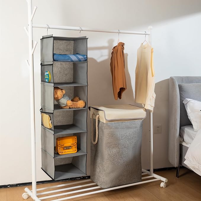 6 Shelves Hanging Closet Organizer, 2 Pack Hanging Storage with 4 Side Pockets for Clothes Shoes, 43.5"x12"x12"(Grey)