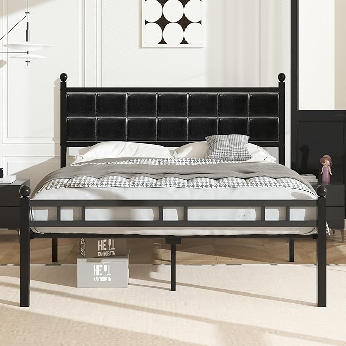 VECELO Queen Bed Frame, Faux PU Leather Platform Beds with Upholstered Headboard and Footboard, Strong Metal Slats Support, Noise-Free, No Boxing Spring Needed, PU Black