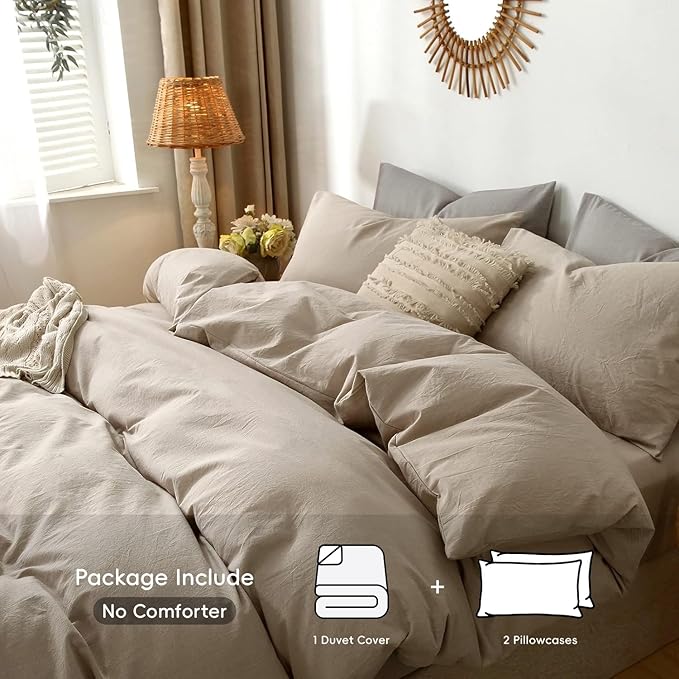 MooMee Bedding Duvet Cover Set 100% Washed Cotton Linen Like Textured Breathable Durable Soft Comfy (Heathered Taupe, Oversized Queen 98"x98")