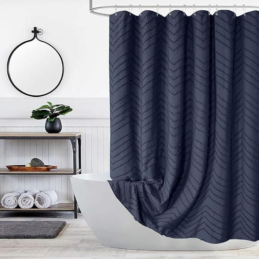 Navy Blue Fabric Shower Curtain Boho Tufted Chevron Striped Textured Cloth Curtains for Bathroom Farmhouse Shabby Chic Waterproof Set with Hook, Wrinkle Free