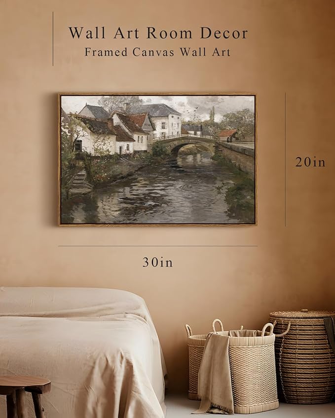 InSimSea Framed Canvas Wall Art Vintage Decor, Riverside Small Town Large Canvas Prints Home Decor, Rustic Farmhouse Hanging Wall Decor for Bedroom Living Room, 20"x30"