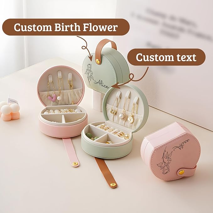 Personalized Travel Jewelry Case, Custom Leather Customized Jewelry Organizer Box w/Name & Birth Flower Month - Birthday Gifts for Women Mom Jewelry Travel Case