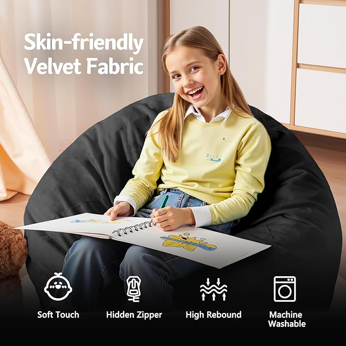 Homguava 2FT Bean Bag Chair: 2' Bean Bags with Memory Foam Filled,Comfy Beanbag Chairs Round Bean Bag Sofa with Dutch Velvet Cover-Black