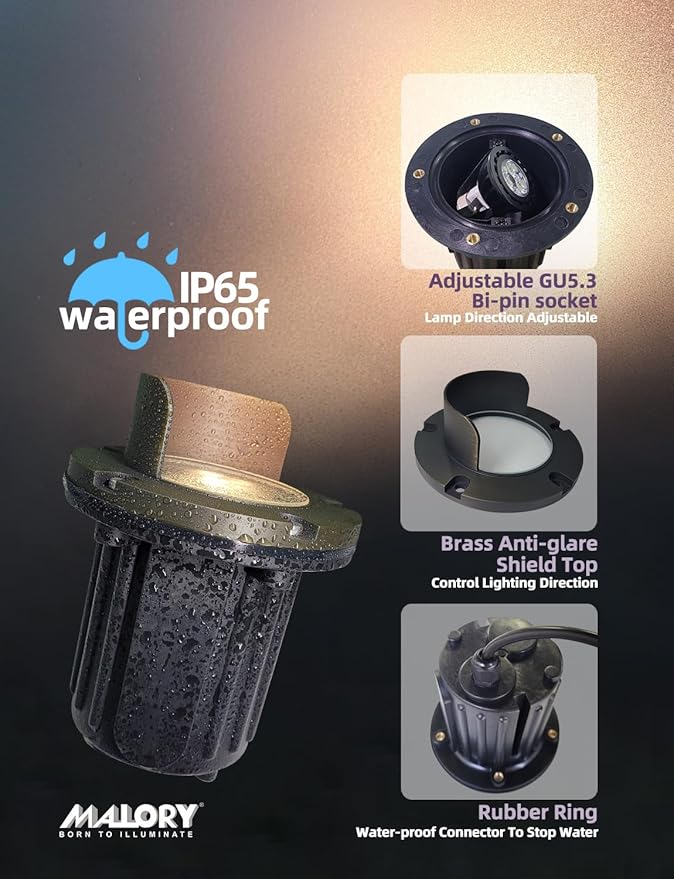 MALORY Brass Top Cover Landscape Well Lights, (6''H) 12V Low Voltage Outdoor In Ground Lights,Anti-Glare Waterproof Landscape Lighting for Pathway, Driveway (Shield Top, 10-Pack Without Bulb)