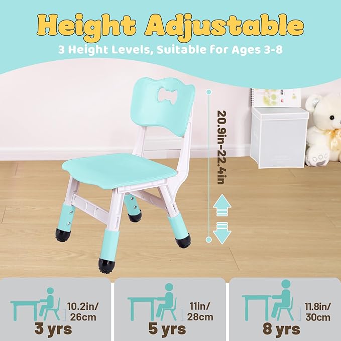FUNLIO Adjustable Kids Chair (2pcs), 3 Level Height Adjustable Toddler Chair for Ages 3-8, Sturdy Child Chair with Maximum Bearing 220lbs, for Classrooms/Daycares/Homes, CPC & CE Approved - Green