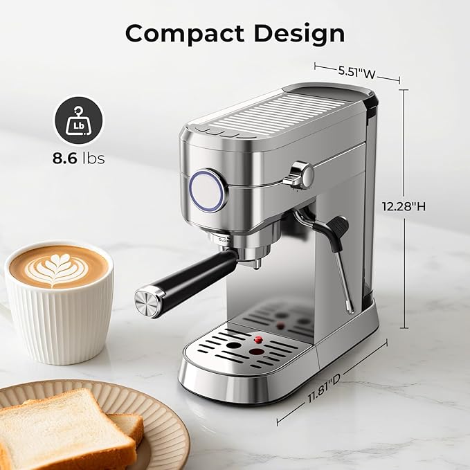 20 Bar Espresso Machine with Milk Frother, Compact Espresso Coffee Maker with Cup Warmer, Self-Cleaning, Auto Shut-Off, 34oz Removable Water Tank for Latte/Cappuccino/Americano, Stainless Steel