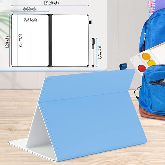 Mini Whiteboard 12"x9" Small White Board Dry Erase, Erasable Notebook Foldable Desk Whiteboard Holder Dry Erase Board, Office, Home, Travel, School, Portable (Blue)