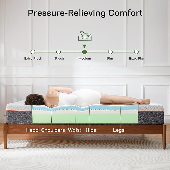 Marsail 10 Inch Queen Size Mattress, Cooling Gel Memory Foam, Fiberglass Free Breathable Cooling Bed Queen Mattress, Medium-Firm in A Box