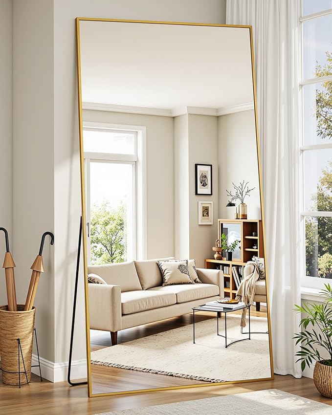 Suidia Full Length Mirror, 76"x34" Floor Standing Mirror Freestanding, Full Body Mirrors with Stand for Bedroom, Hanging Mounted for Living Room Cloakroom, Gold, Rectangular Style