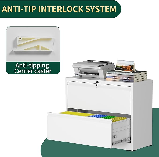 2 Drawer Lateral File Cabinet with Lock, Metal File Cabinets for Home Office, Steel Heavy-Duty Filing Storage Cabinet for Letters/Legal/A4 (Require Assembly, White)