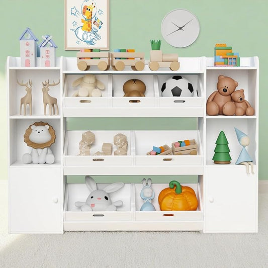 Kids Toy Storage Organizer with 7 Removable Storage Bins, 4 Open Compartments,55.7" W Large Toy Organizers for Playrooms, Bedrooms & Classrooms,Bright White