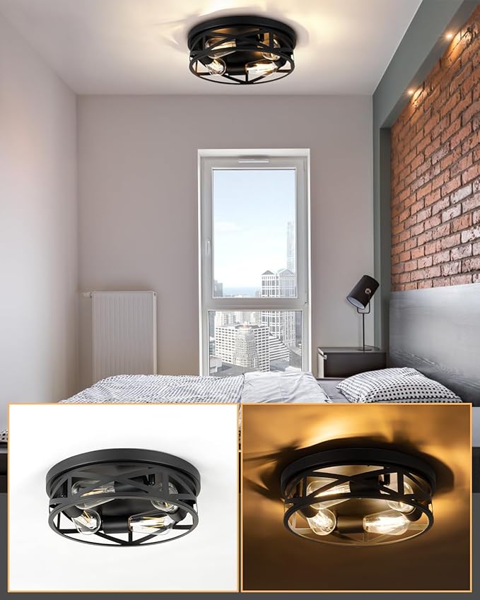 13 Inch Farmhouse Ceiling Light Fixtures, Metal Cage Close to Ceiling Lights 4-Light, Vintage Flush Mount Ceiling Lights for Bedroom Porch Kitchen Entrance, Black