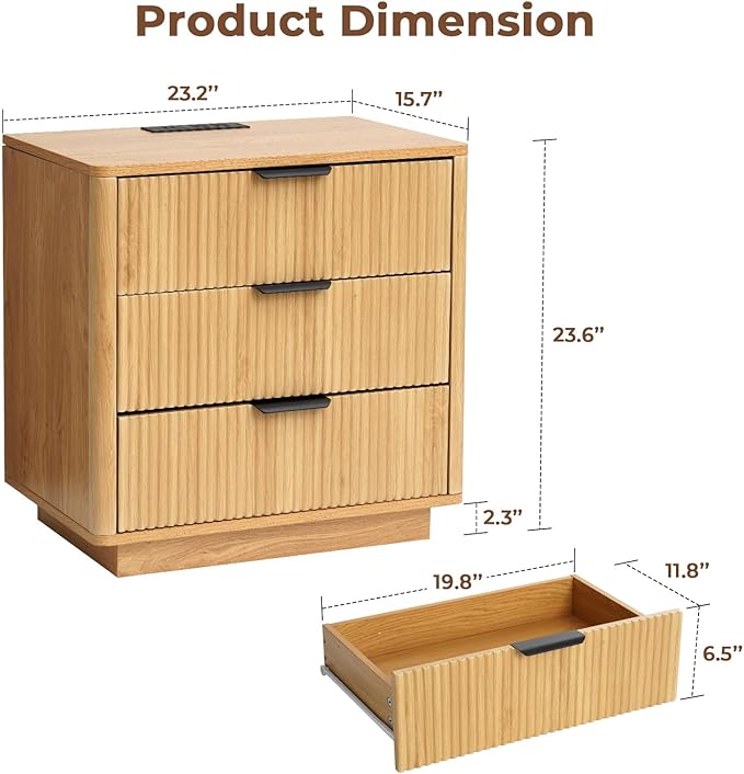 HOMMPA 24'' Fluted Nightstand with Charging Station, Modern Bedside Table with Storage, 3 Drawer End Table with Metal Handle, Wooden Bedside End Table for Bedroom, Living Room, Curved Profile Design