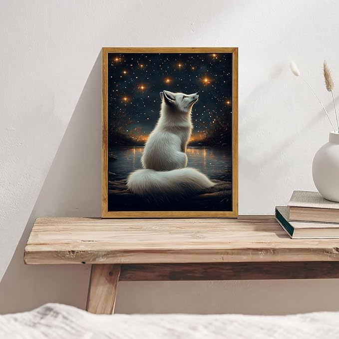Djmwtb White Fox Framed Wall Art Starry Night Canvas Wall Art Prints Woodland Animal Painting Whimsical Nature Landscape Pictures Artwork for Living Room Bedroom 12x16in