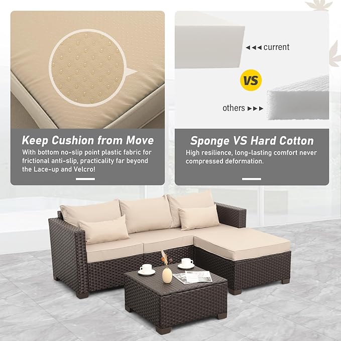 Wicker Patio Furniture Patio Couch 3 Pieces Outdoor Sectional with Ottoman and Outdoor Storage Table with Lining Weathering Anti-Slip Cushions Furniture Covers, Khaki